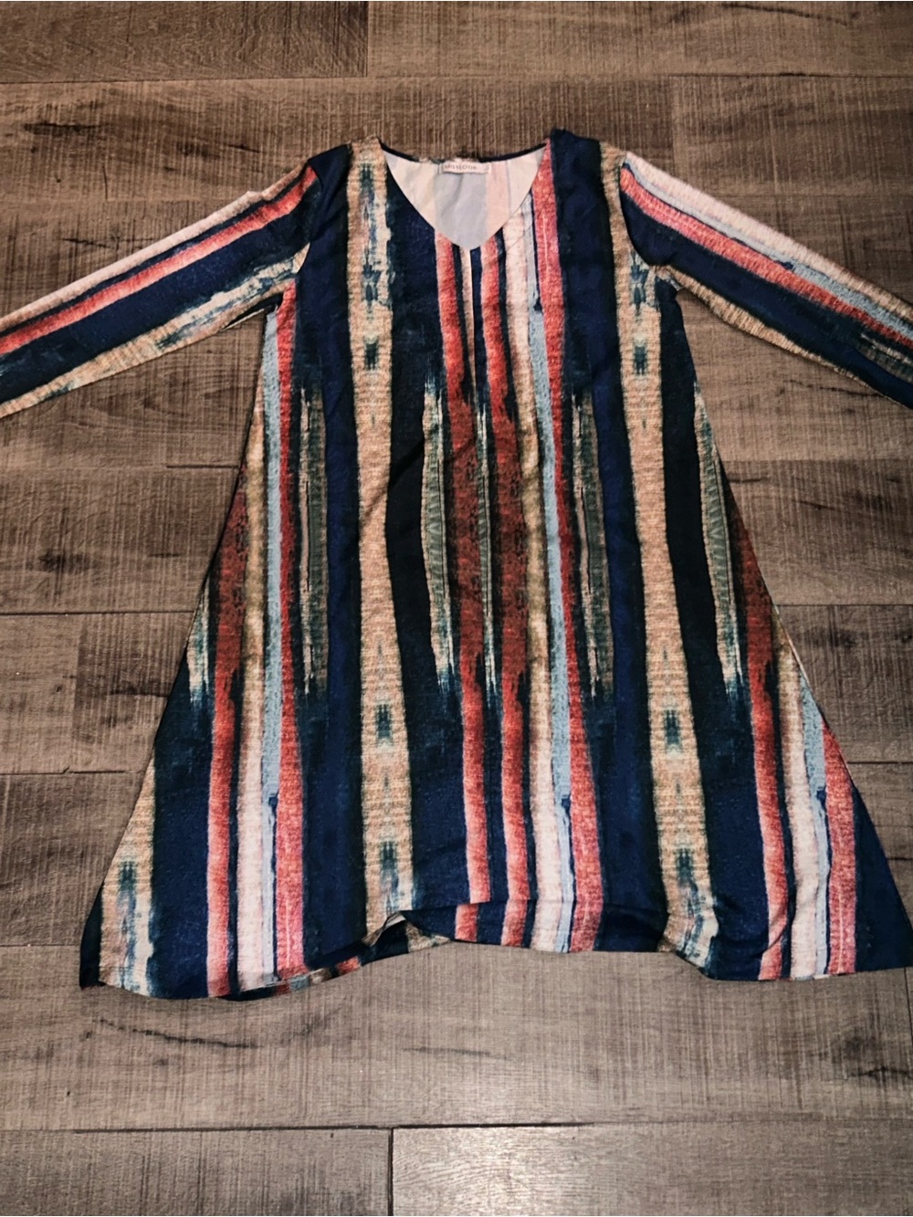 MISSLOOK Striped V-Neck A-Line Tunic - Navy, Rust & Cream